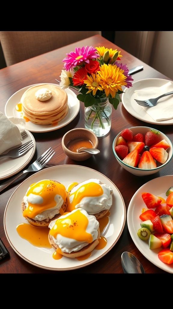 A brunch table with pancakes, eggs benedict, and fruit salad.